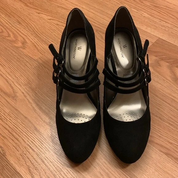 Worthington Black Velvet Triple Strap Mary Jane Heels - Picture 3 of 11
